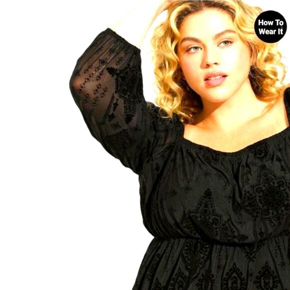 TORRID Flocked Black Mesh Square Kneck Puff Sleeve Phesant  Top. 2X - Picture 3 of 16